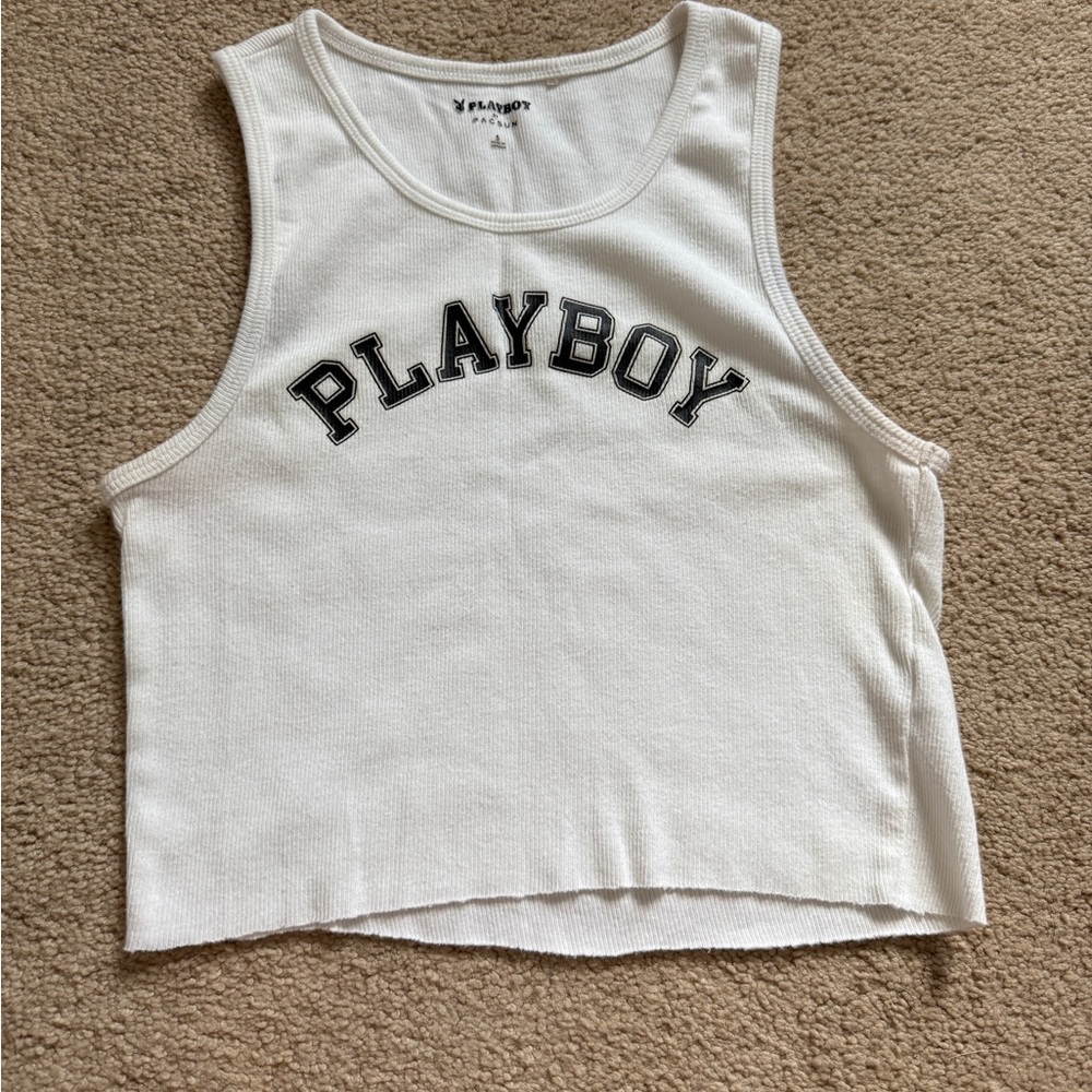 PLAYBOY White Ribbed Logo Crop Tank